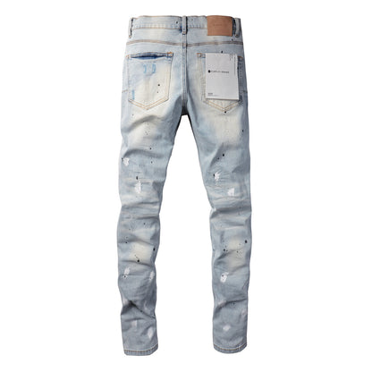 PURPLE Men Streetwear Skinny Jeans Light Blue Wash with White Paint Splatter and Subtle Distress 9006