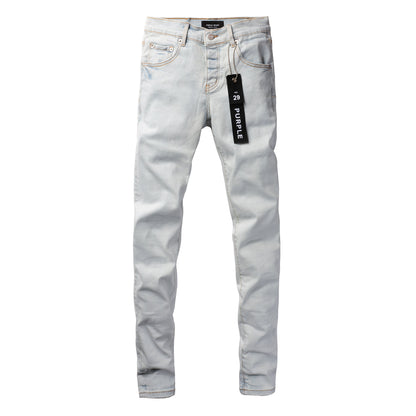 PURPLE Men Streetwear Skinny Jeans Light Gray Wash with Minimalist Style and Tag Accent 9081