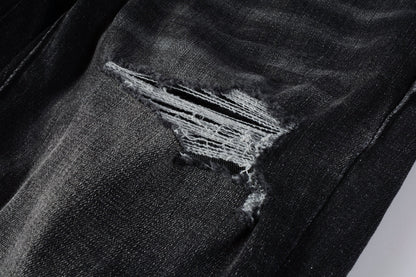 PURPLE Men Streetwear Skinny Jeans Dark Gray Wash with Heavy Distressed Ripped Details 9079