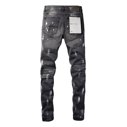 PURPLE Men Streetwear Skinny Jeans Dark Gray Wash with Knee Rips and White Paint Splatter 9039