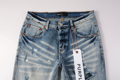 PURPLE Men Streetwear Skinny Jeans Light Blue Wash with Heavy Distressed Rips and White Paint Splatter 9003