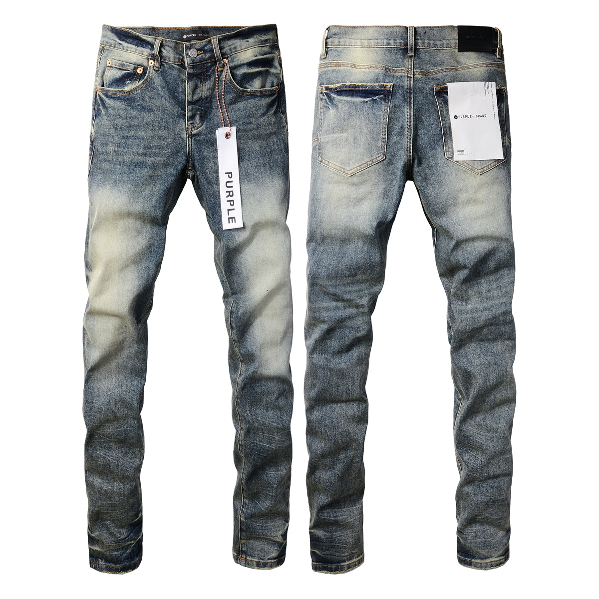 PURPLE Men Streetwear Skinny Jeans Light Blue Wash with Faded Gradient Distress 9042