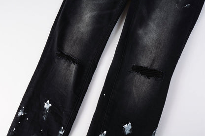 PURPLE Men Streetwear Skinny Jeans Black Fade Wash with White Paint Splatter and Distressed Rips 9002