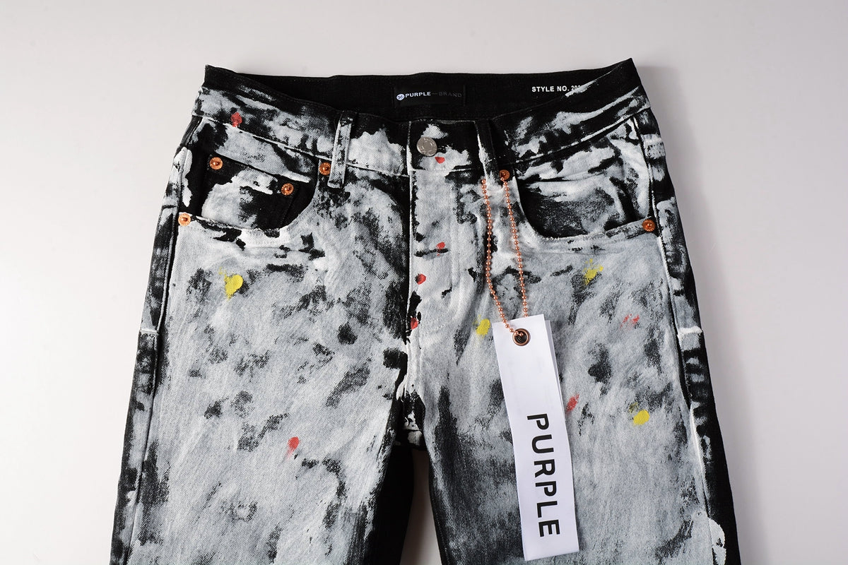 PURPLE Men Streetwear Skinny Jeans Black and White Graffiti Wash with Multi - Color Paint Accents 9020