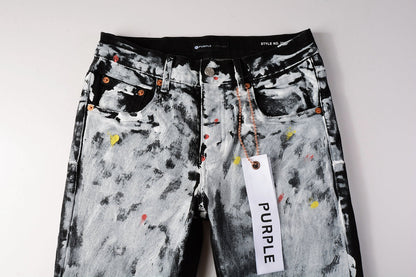 PURPLE Men Streetwear Skinny Jeans Black and White Graffiti Wash with Multi - Color Paint Accents 9020