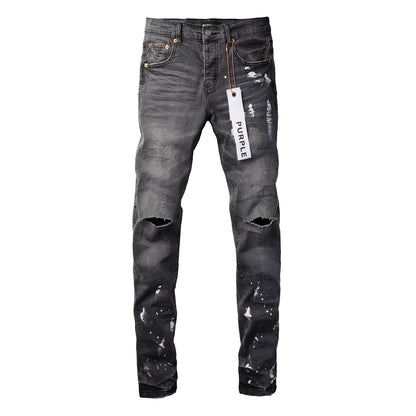 PURPLE Men Streetwear Skinny Jeans Dark Gray Wash with Knee Rips and White Paint Splatter 9039