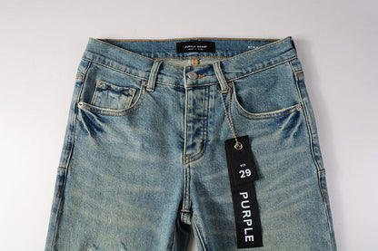 PURPLE Men Streetwear Skinny Jeans Light Blue Wash with Distressed Ripped Knee Details 9076