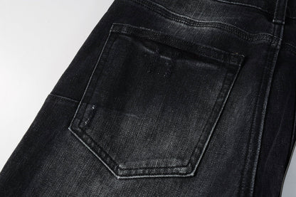 PURPLE Men Streetwear Skinny Jeans Black - Gray Fade Wash with White Paint Specks 9027