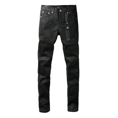 PURPLE Men Streetwear Skinny Jeans Black Wash with Subtle Sheen and Tag Accent 9082