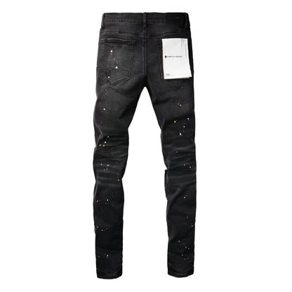 PURPLE Mens Jeans - Distressed Black Denim with Knee Slit and Ripped Hole 9045
