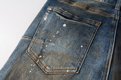 PURPLE Men Streetwear Skinny Jeans Light Blue Wash with Distressed Rips and White Paint Splatter 9012