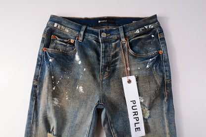 PURPLE Men Streetwear Skinny Jeans Light Blue Wash with Distressed Rips and White Paint Splatter 9012