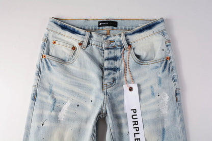 PURPLE Men Streetwear Skinny Jeans Light Blue Wash with White Paint Splatter and Subtle Distress 9006