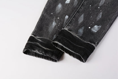 PURPLE Men Streetwear Skinny Jeans Dark Gray Wash with White Paint Splatter and Distressed Rips 9032