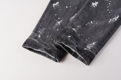 PURPLE Men Streetwear Skinny Jeans Dark Gray Wash with Knee Rips and White Paint Splatter 9039