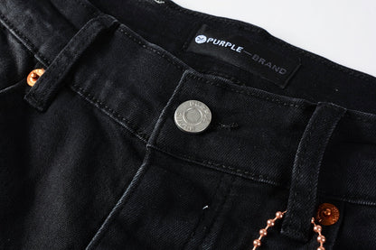 PURPLE Men Streetwear Skinny Jeans Black Fade Wash with White Paint Splatter and Distressed Rips 9002