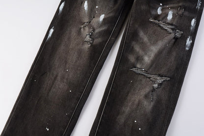 PURPLE Men Streetwear Skinny Jeans Dark Gray Wash with White Paint Splatter and Distressed Rips 9030