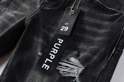 PURPLE Men Streetwear Skinny Jeans Dark Gray Wash with Heavy Distressed Ripped Details 9079