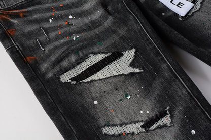 PURPLE Men Streetwear Skinny Jeans Dark Gray Wash with Distressed Rips and Multi-Color Paint Splatter 9018